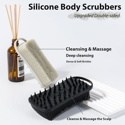 2 PC Silicone Body Scrubber, 2 in 1 Exfoliating Shower Bath Scrubber, Soft Silicone Loofah for Sensitive Skin, Shower Hair Scalp Massager, Easy to Clean, Lather Well (Grey&Black)