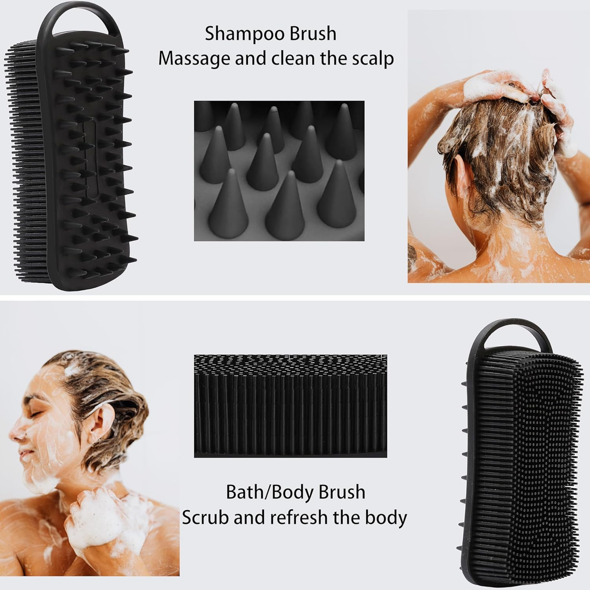 2 PC Silicone Body Scrubber, 2 in 1 Exfoliating Shower Bath Scrubber, Soft Silicone Loofah for Sensitive Skin, Shower Hair Scalp Massager, Easy to Clean, Lather Well (Grey&Black)